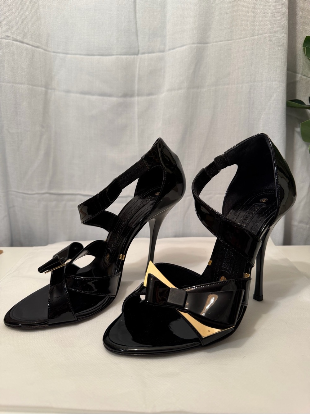 Gianmarco Lorenzi Black Patent Gold Stiletto Sandals Heels EU 36.5